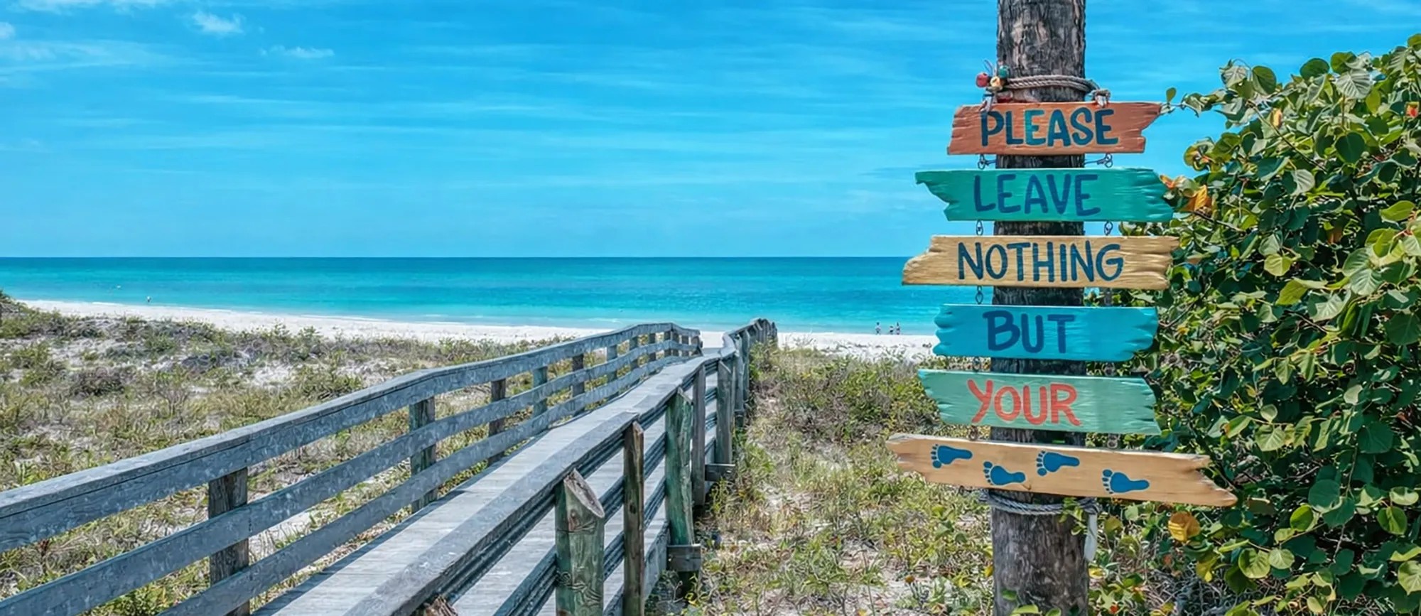 Wooden beach boardwalk beside a colorful sign reading Please Leave Nothing But Your Footprints, with turquoise Gulf water beyond