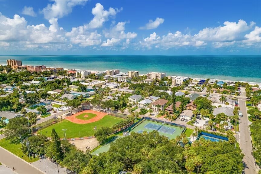 Aerial view of Kolb Park in Indian Rocks Beach with its baseball field and tennis courts, a few blocks from the Gulf of Mexico